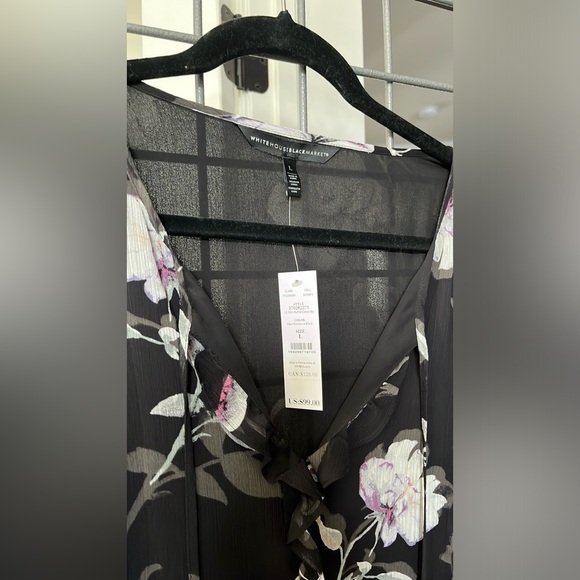 WHBM NWT Blouse Size L long sleeve black floral with tie at the neck. - Picture 6 of 13